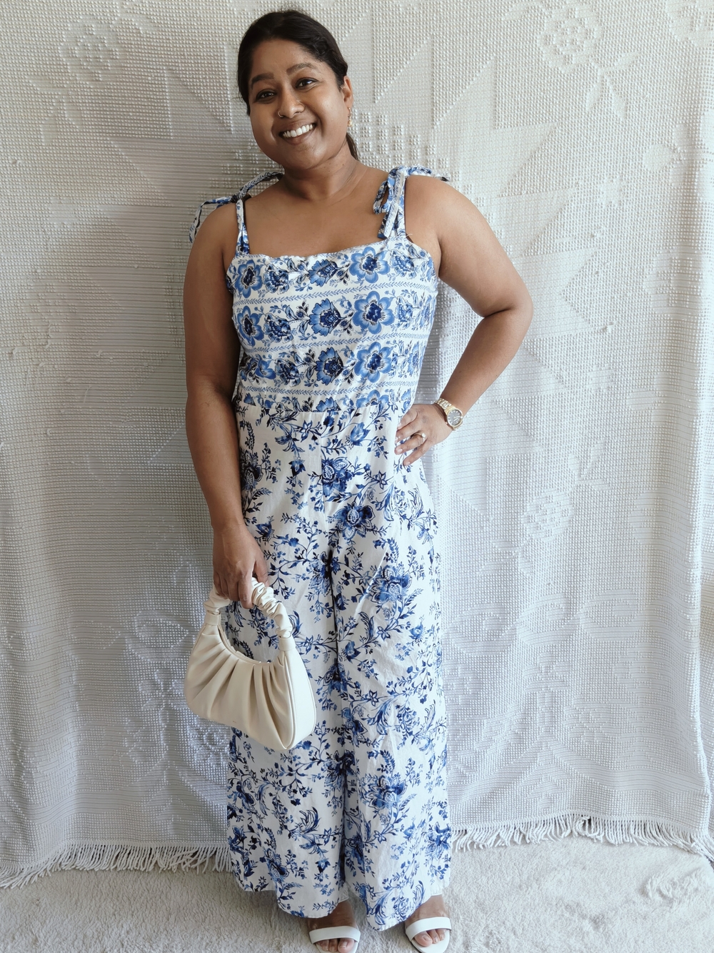 Francescas Blue White Floral Wide Leg Jumpsuit | Size XL | Tie Strap Coastal